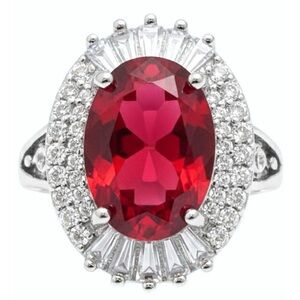18K White Gold Filled Ruby Red Art Deco Style Cubic Zirconia Halo Statement Ring